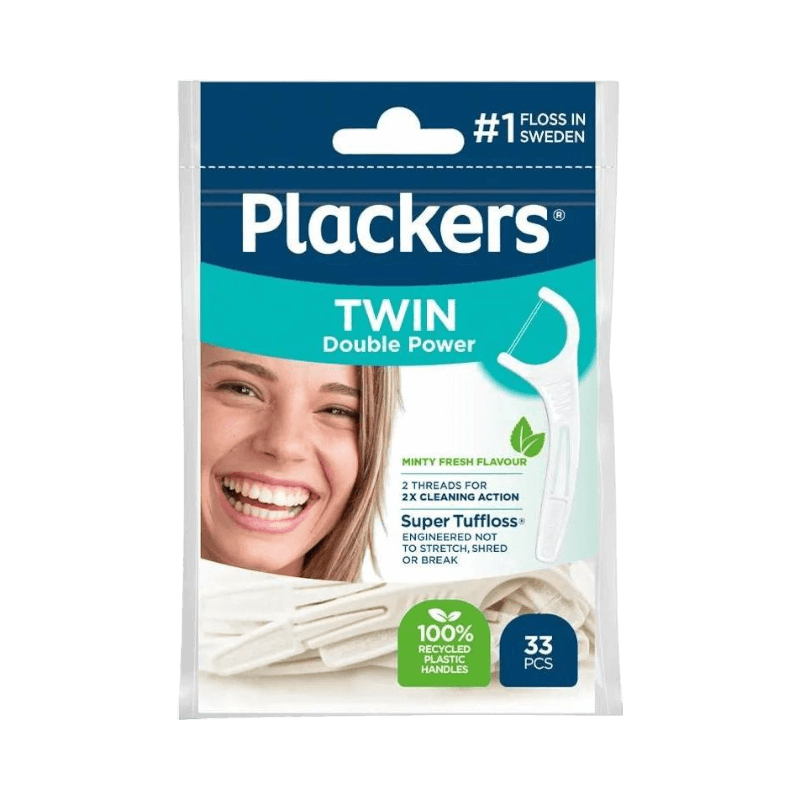 Plackers Twin Double Power tandtrådsbyglar 33-pack med dubbla trådar och mintsmak