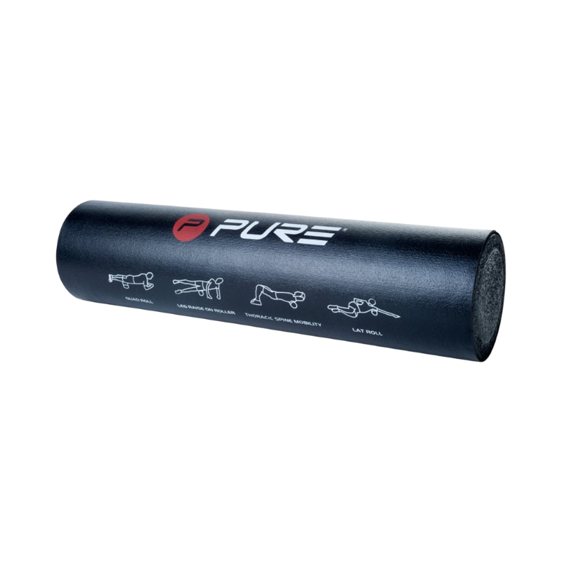 Svart Pure2Improve foam roller med instruktioner tryckta på ytan för guidning av övningar.
