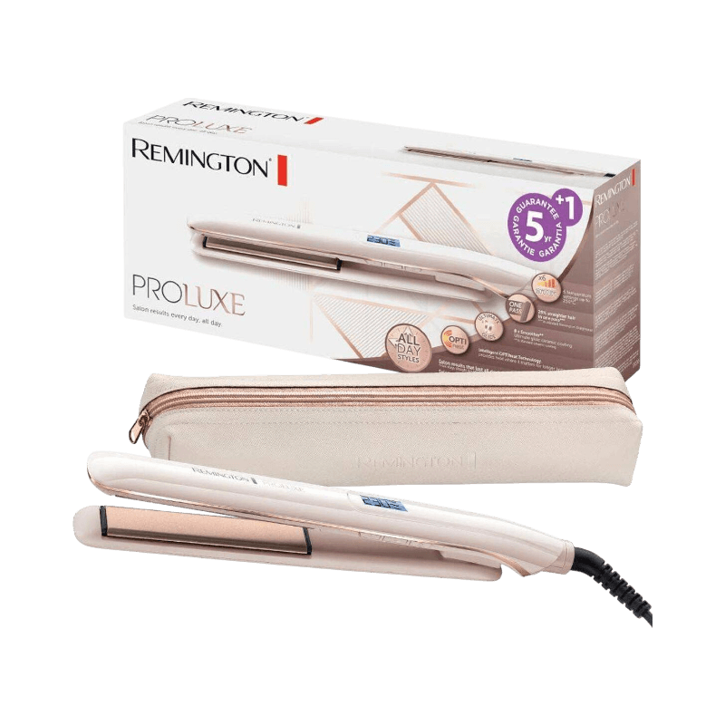Remington PROluxe plattång med OptiHeat-teknik, värmefodral och originalförpackning.