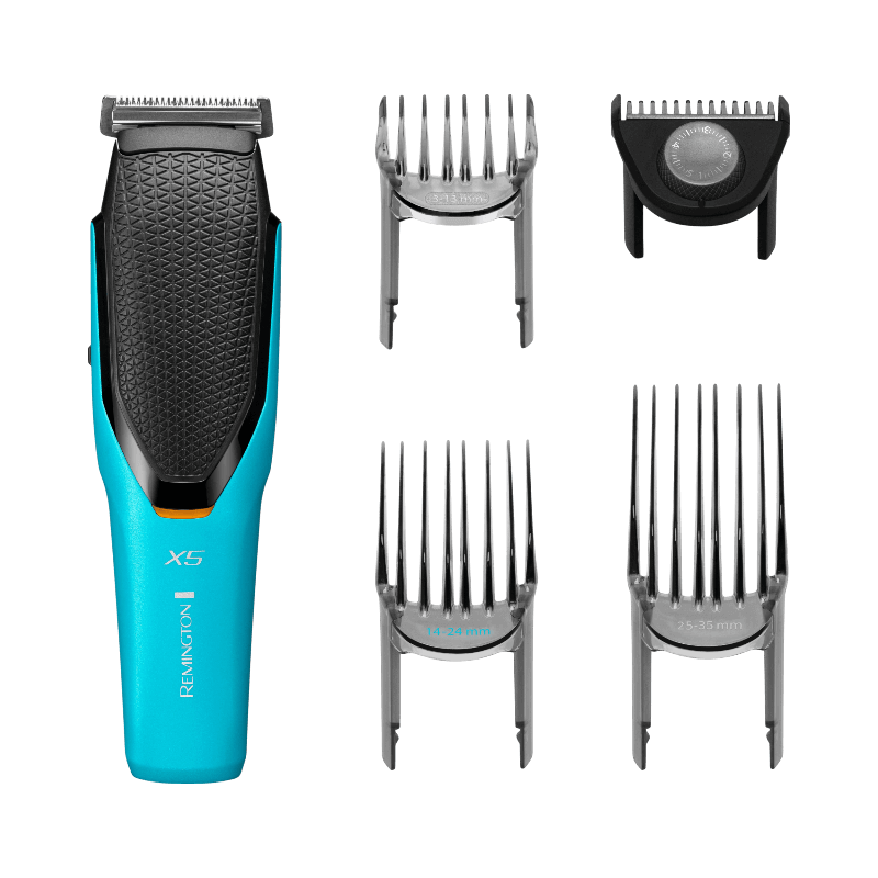 Blå Remington Power X5 trimmer med justerbara kammar för flexibel hårklippning.