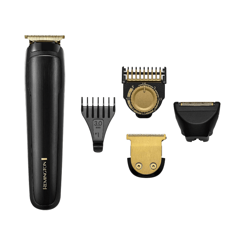 Svart Remington T-Series trimmer med gulddetaljer och precisionshuvuden för skägg och hår.