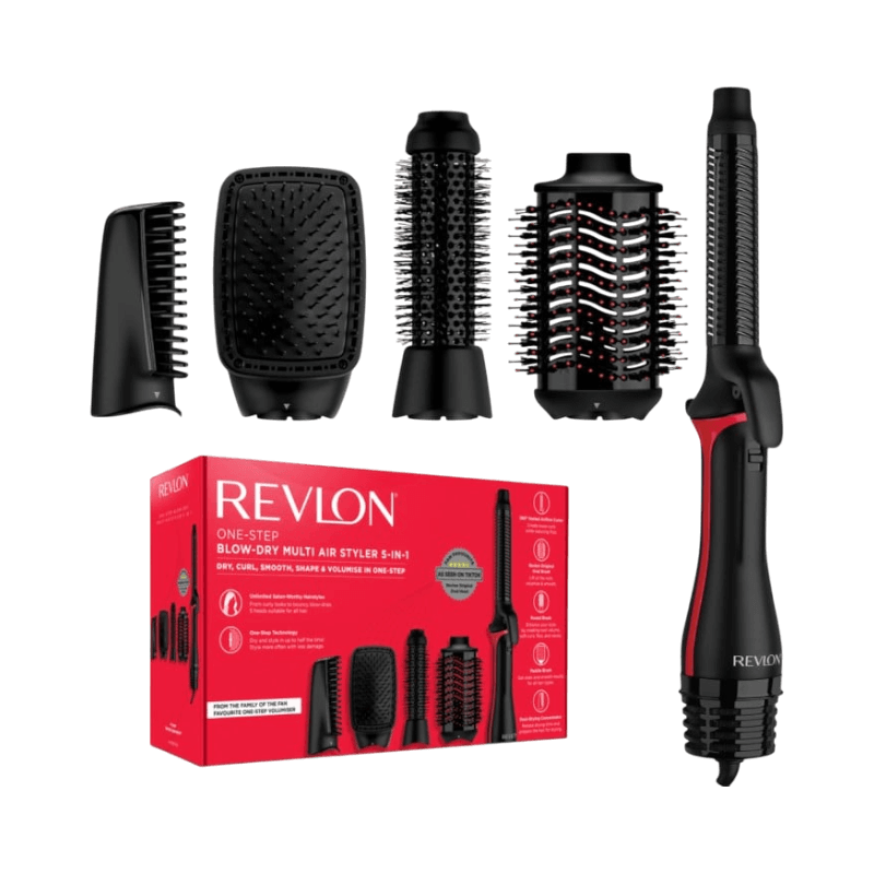 Revlon One-Step Blow-Dry 5-i-1 multistyler med olika borsthuvuden och fönfunktion.