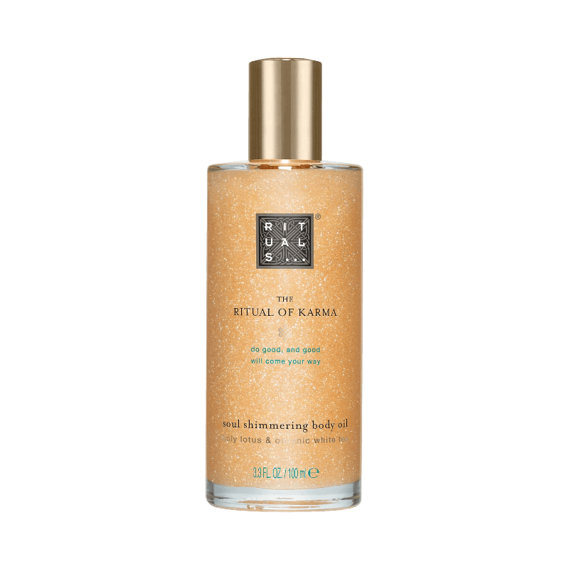 Rituals The Ritual of Karma Shimmer Oil med lotus och vitt te för glöd och väldoft.