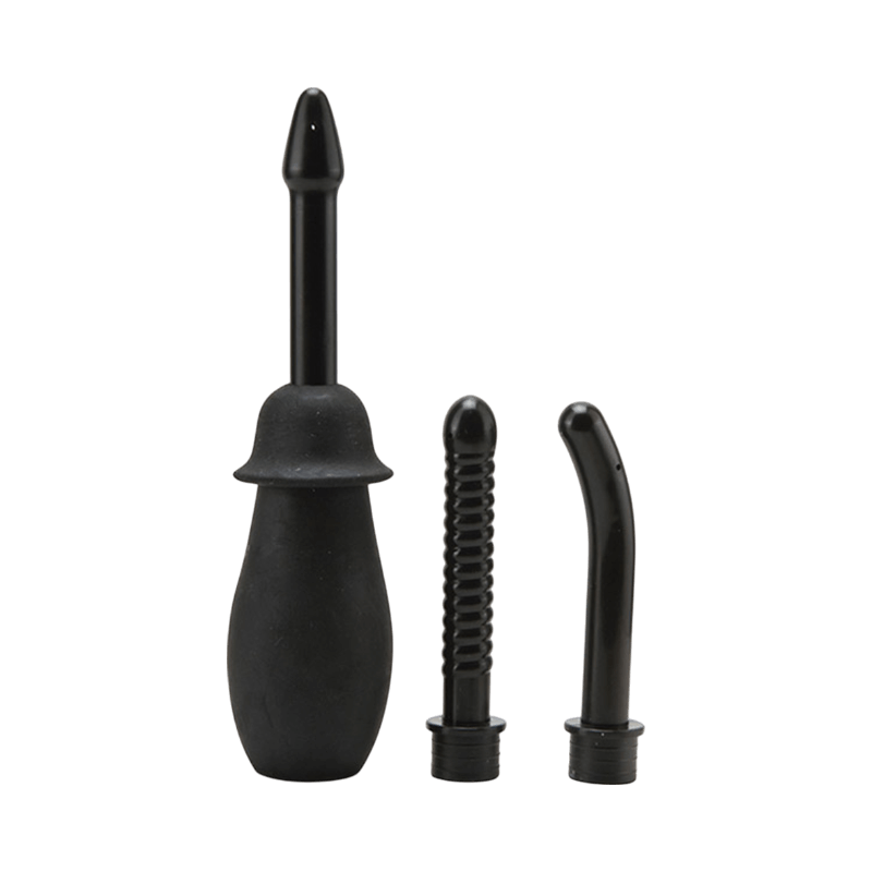 Anal kit med svart dusch och tre olika pipar för flexibel och grundlig rengöring.