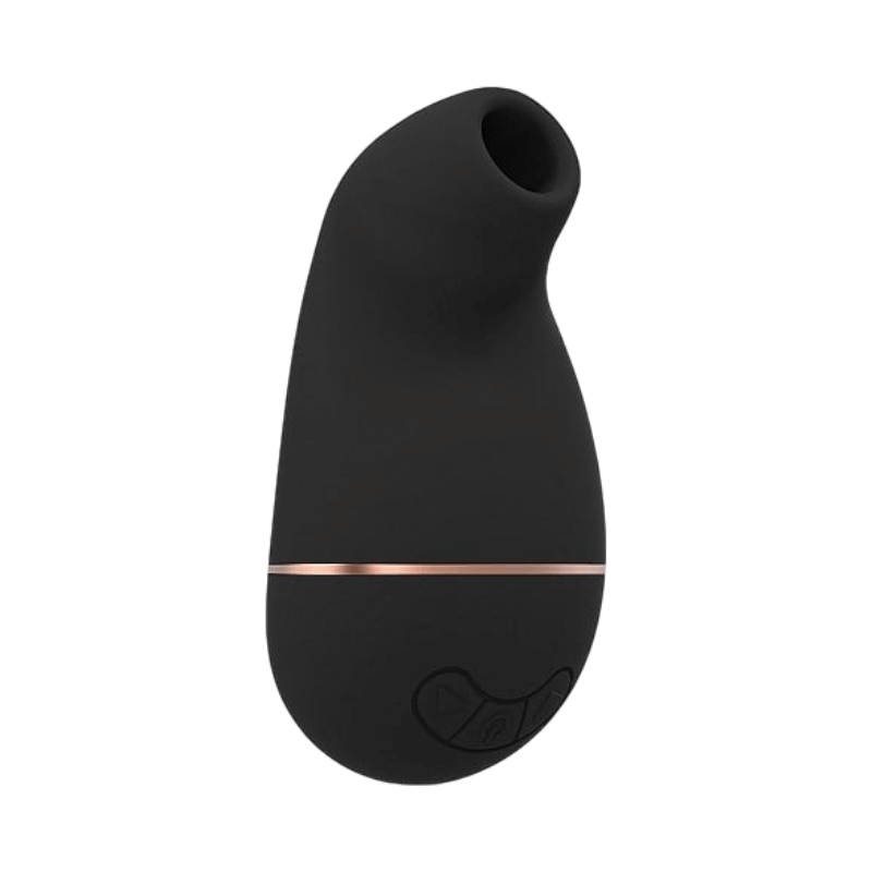 Svart lufttrycksvibrator med roséfärgad detalj och ergonomisk form för exakt stimulans
