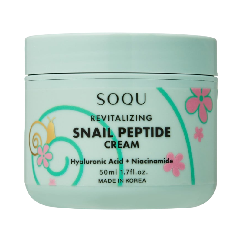 Soqu Snail Peptide Cream med hyaluronsyra och niacinamid för hudvård och lyster.
