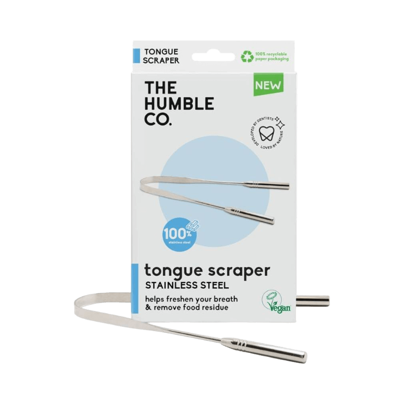 Rostfri tungskrapa från The Humble Co. i förpackning, vegansk och miljövänlig design.