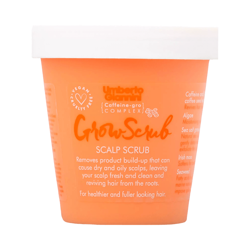 Umberto Giannini Grow Scrub – koffeinberikad vegansk hårbottenskrubb för friskare hårväxt.
