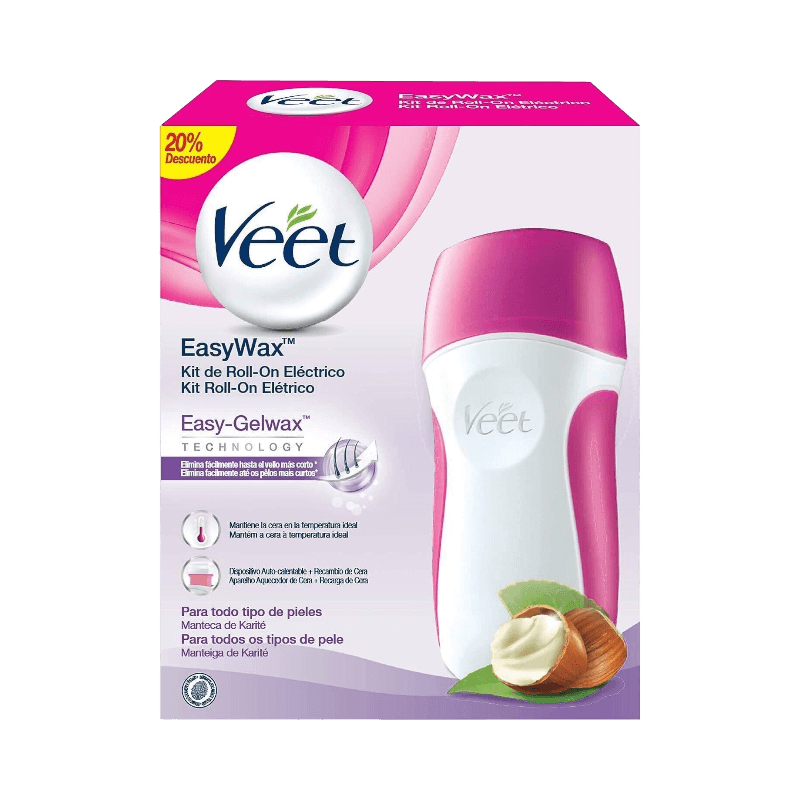 Veet Easy Wax elektrisk roll-on med sheasmör, praktisk vaxlösning för alla hudtyper.