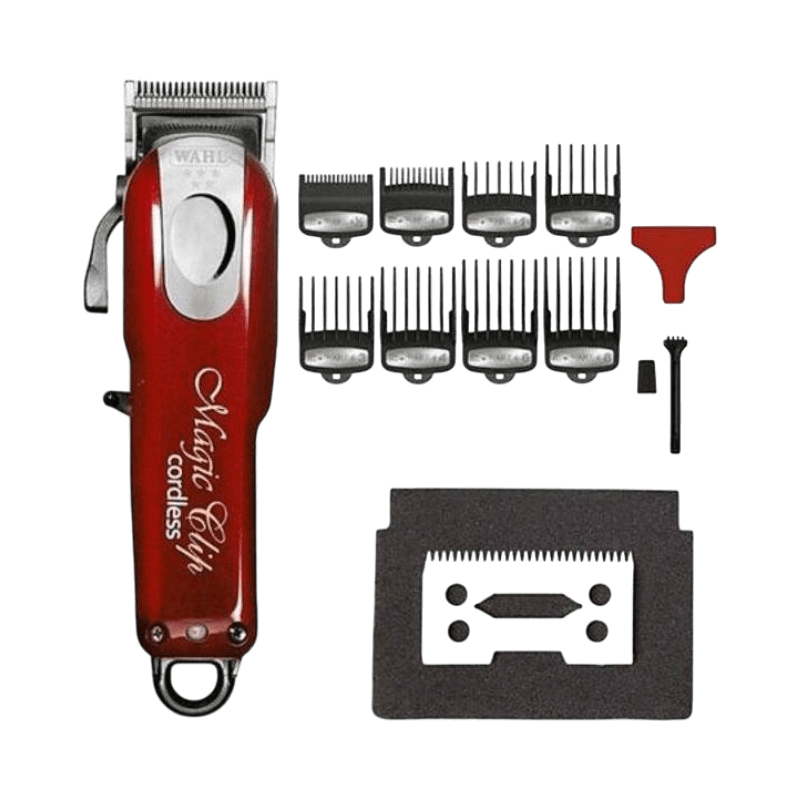 Wahl Magic Clip Cordless med tillbehör och distanskammar – perfekt för fades och detaljerad klippning.