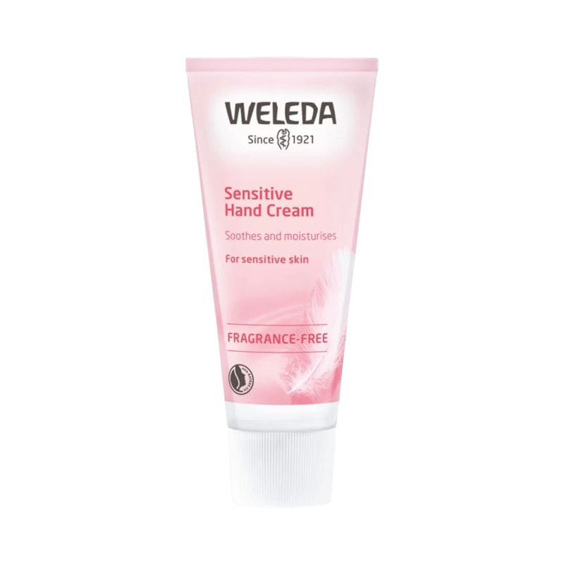 Weleda handkräm för känslig hud, parfymfri och vårdande formula med mandelolja.