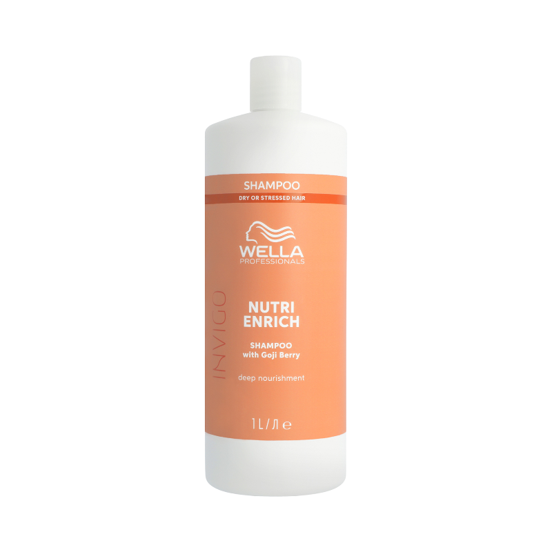 Wella Nutri Enrich schampo med gojibär, vård för torrt eller stressat hår i 1L-flaska.
