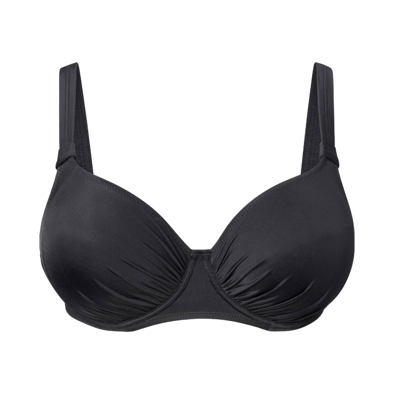 Svart bikiniöverdel med bygel och rynkdetaljer, ger stöd och form för större byst.