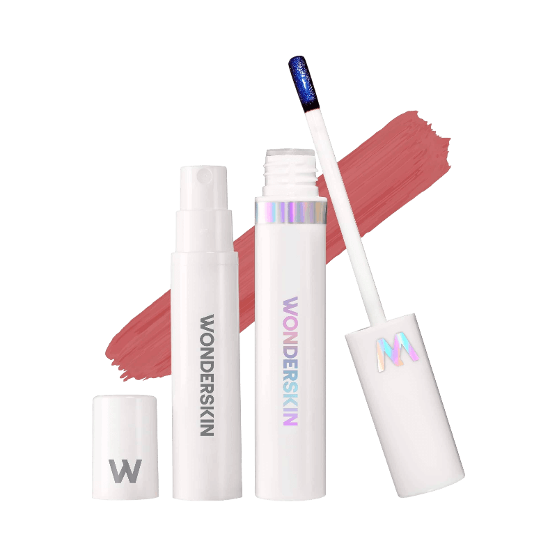 Wonderskin lip tint kit med spray, tint och applikator i rosa nyans för långvarig färg.