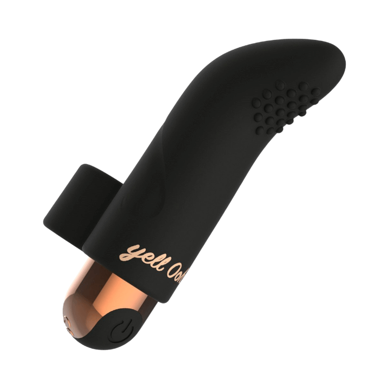 Svart finger-vibrator med strukturerad topp och roségulddetaljer för punktstimulans