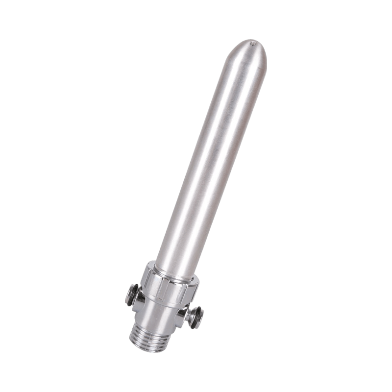 Anal dushmunstycke i aluminium med skruvgänga, används i duschslang för rengöring.
