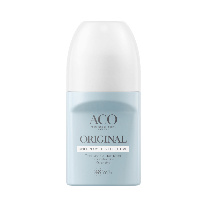 ACO Original parfymfri roll-on antiperspirant med 48h skydd, skonsam för känslig hud, snabbtorkande.