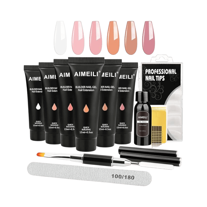 AIMEILI builder gel kit med sex färger, nageltippar och slipverktyg för starka naglar