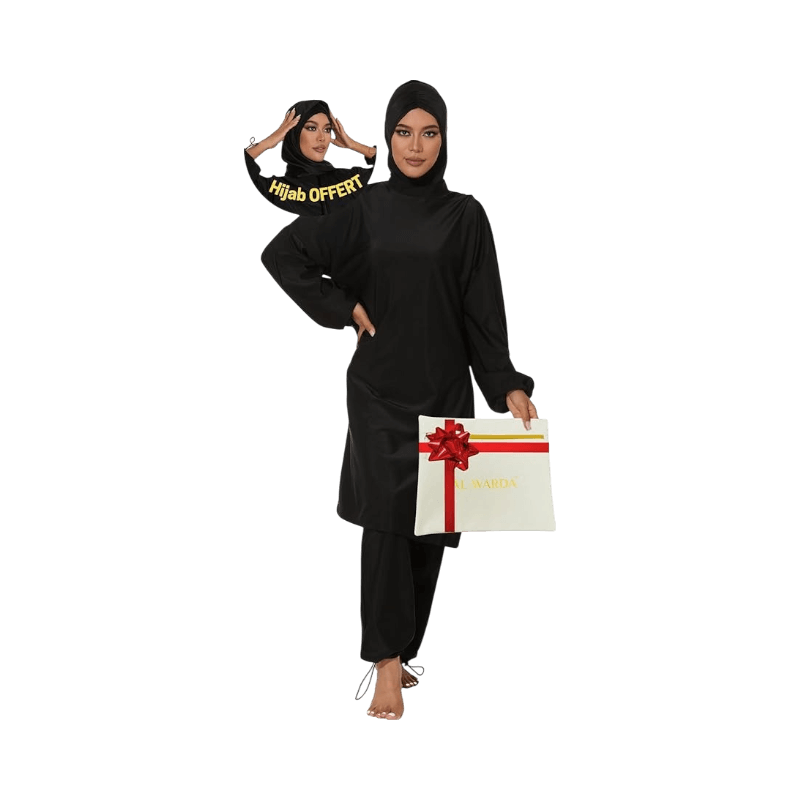 AL-WARDA svart burkini med hijab och presentask – täckande baddräkt med anti-limteknik