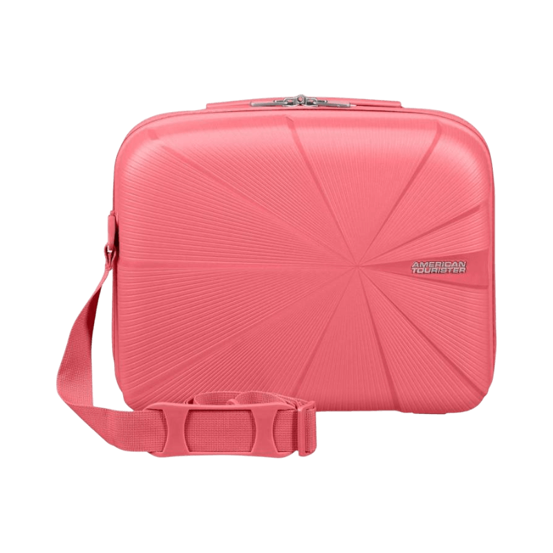 Rosa necessär från American Tourister i hårt skal med axelrem och modern design.