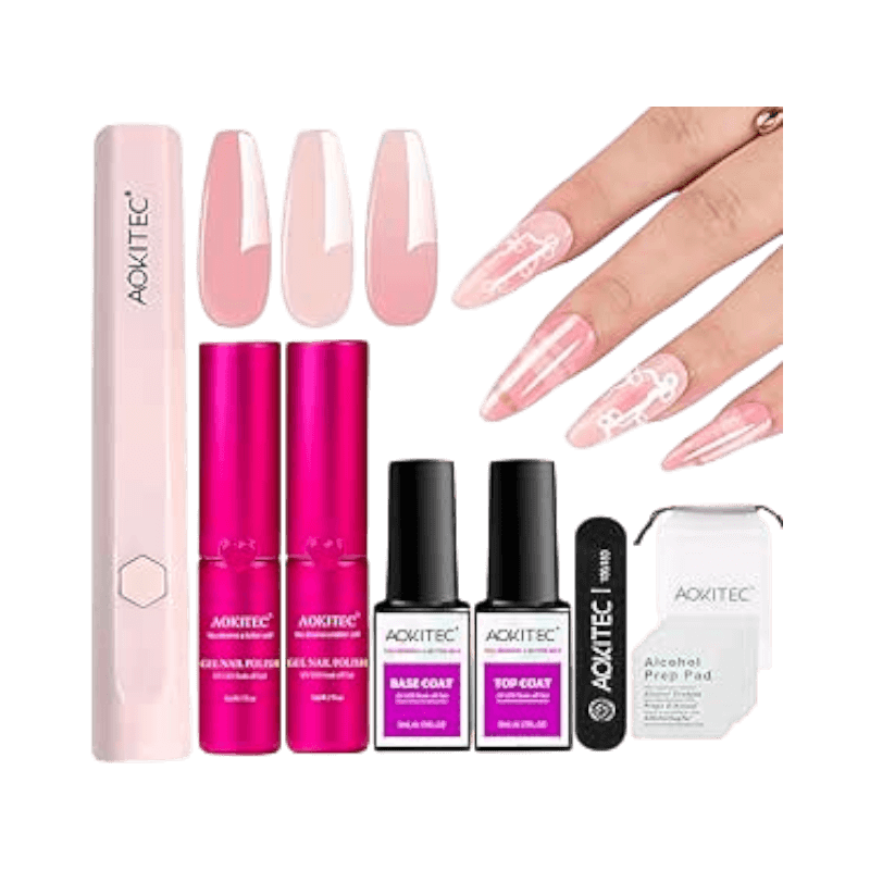 Aokitec nagellack startkit med nagellampa, baslack, topplack och rosa nyanser