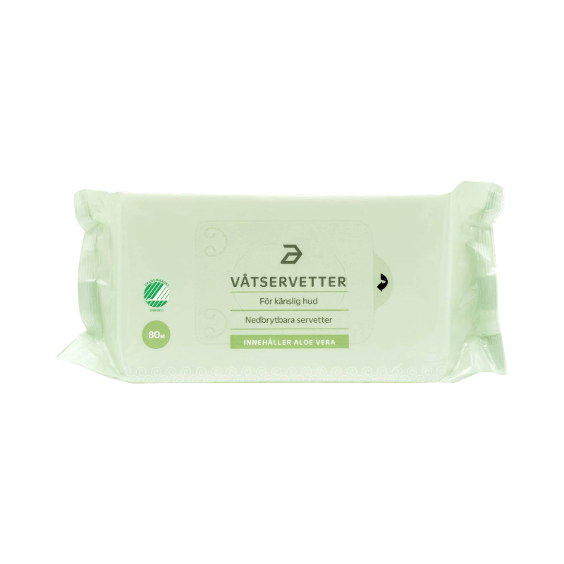 Nedbrytbara våtservetter från Apotea för känslig hud med aloe vera, 80-pack.