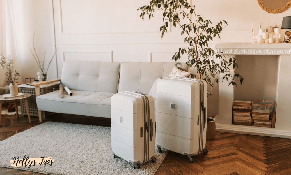 Två stilrena vita resväskor redo för weekendresa – kombinerar funktion och design.