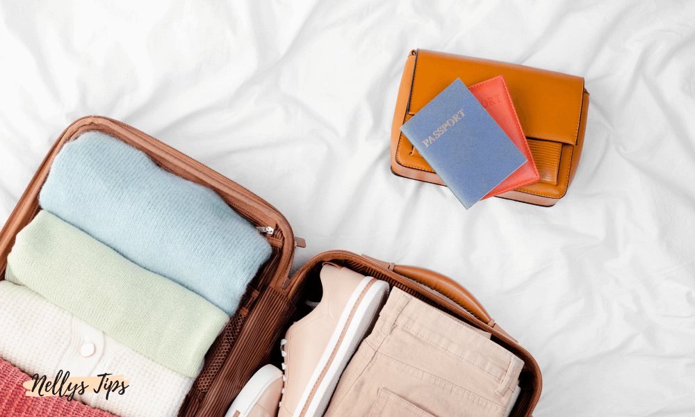 Öppen resväska och pass med fodral – perfekt för organiserad semesterpackning