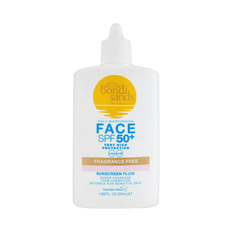 Tinted ansiktssolskydd från Bondi Sands SPF 50+ för känslig hud med återfuktning och högt UVA/UVB-skydd.