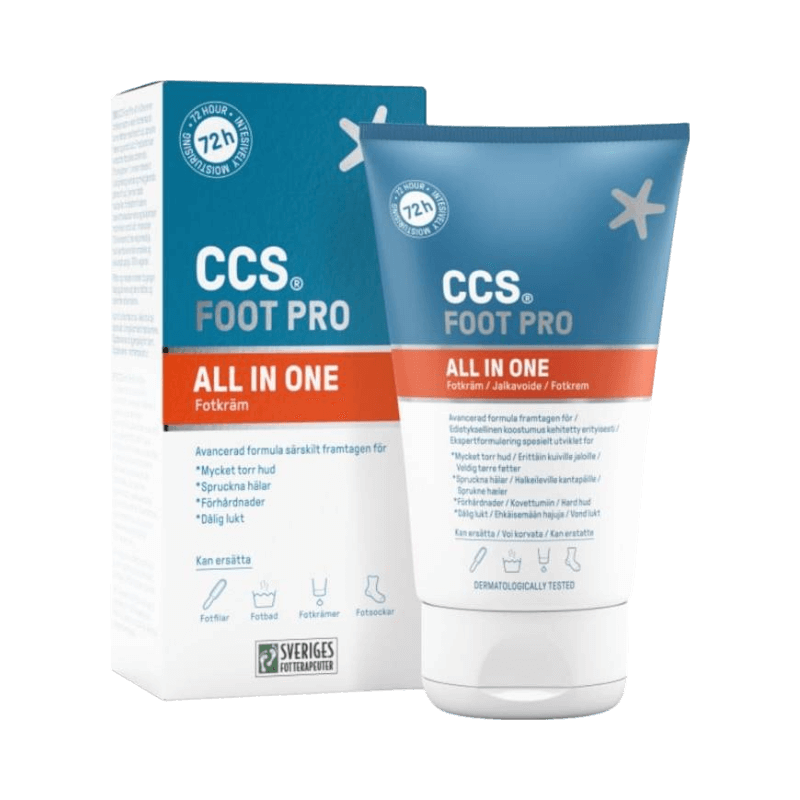 CCS Foot Pro All-in-One 100 ml fotkräm som återfuktar, mjukgör och behandlar sprucken hud och dålig lukt.