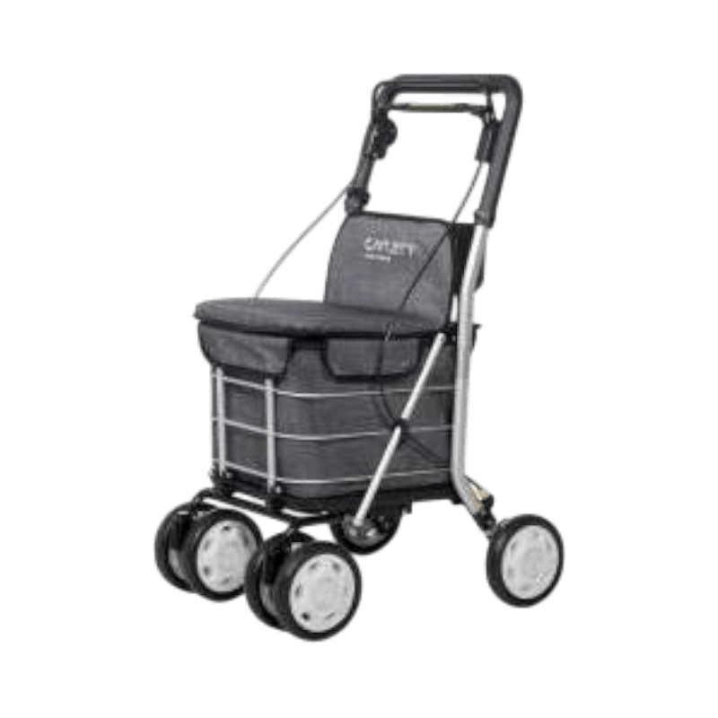 Stabil shoppingvagn med fyra hjul, sittfunktion och justerbart handtag.