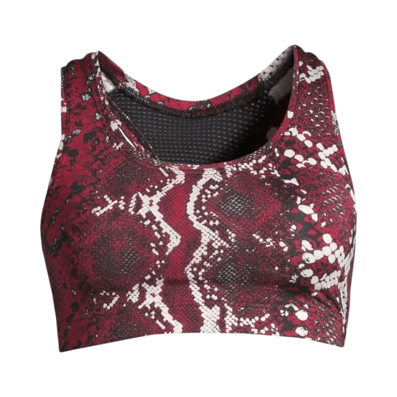 Casall sport-bh i röd snakeskin-design med kompression och bred resår för optimal passform.
