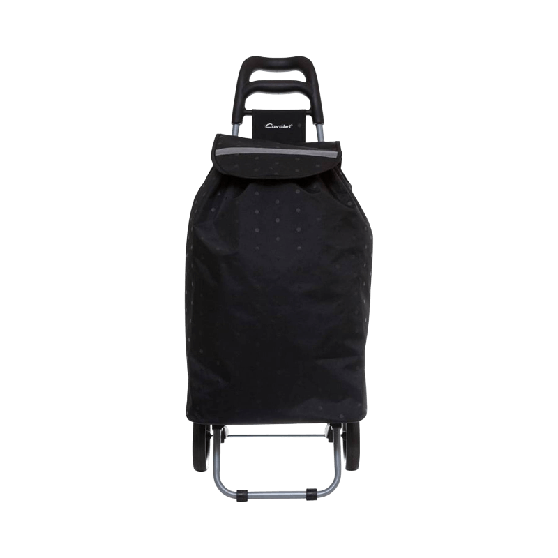Svart dramatenvagn med ergonomiskt handtag och reflekterande detaljer.