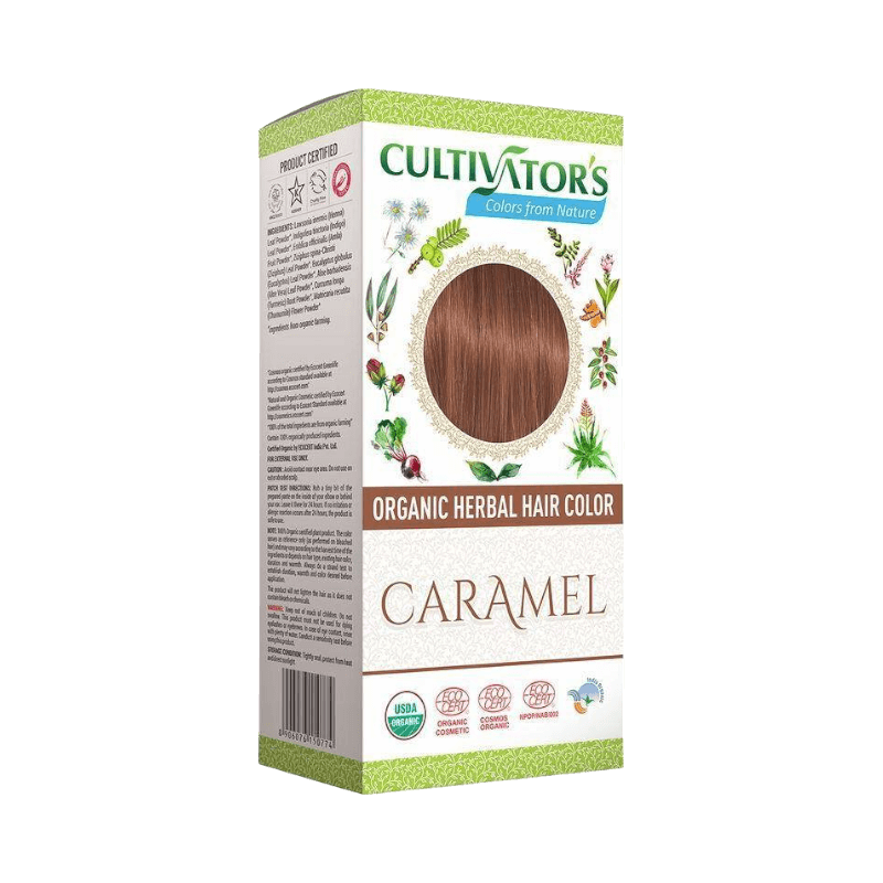 Cultivators karamellfärg ekologisk hårfärg med växtbaserade ingredienser och naturlig ton.