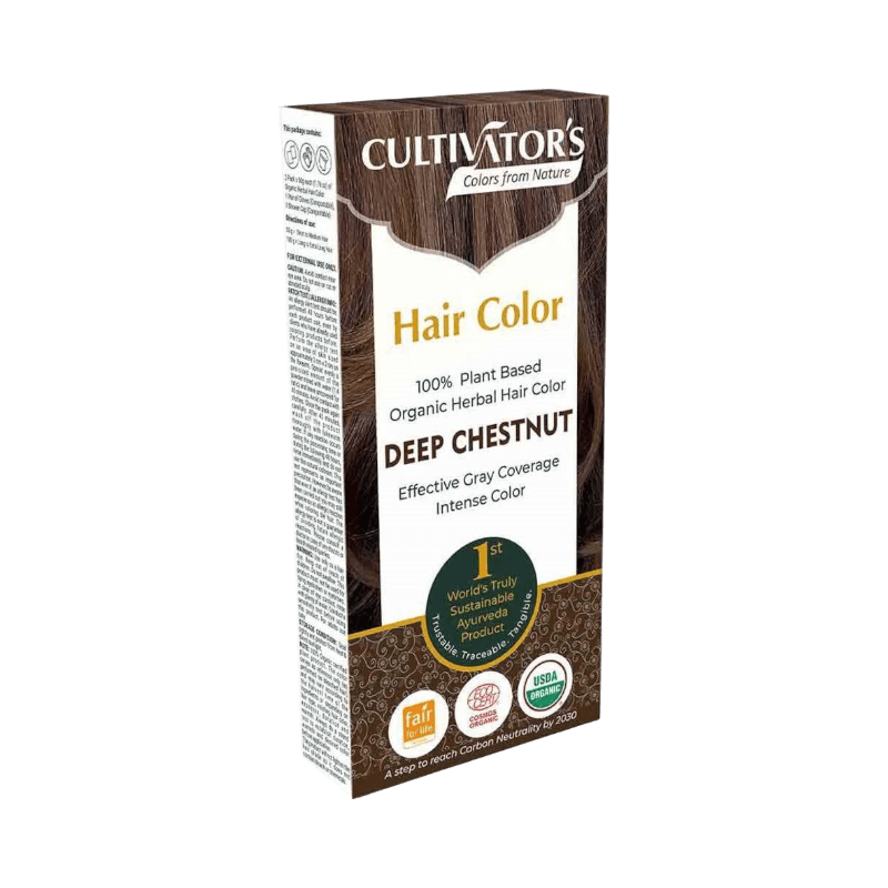 Cultivators Deep Chestnut ekologisk hårfärg med intensiv täckning och ayurvedisk växtformel.