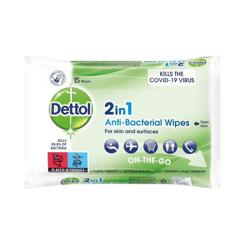 Dettol 2in1 antibakteriella våtservetter för hud och ytor, 15-pack, dödar 99,9 % av bakterier.