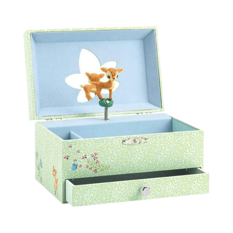 Musiksmyckeskrin med Bambi-figur, grönt mönster och utdragbar låda för barn