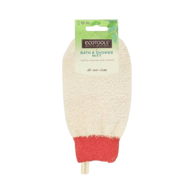 EcoTools duschvante med röd kant för varsam kroppsrengöring och återfuktande effekt i duschen.