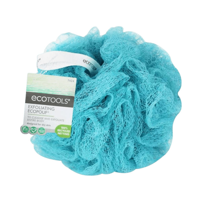 Blå EcoTools EcoPouf badsvamp med exfolierande nät för skonsam kroppsrengöring och torr hud.