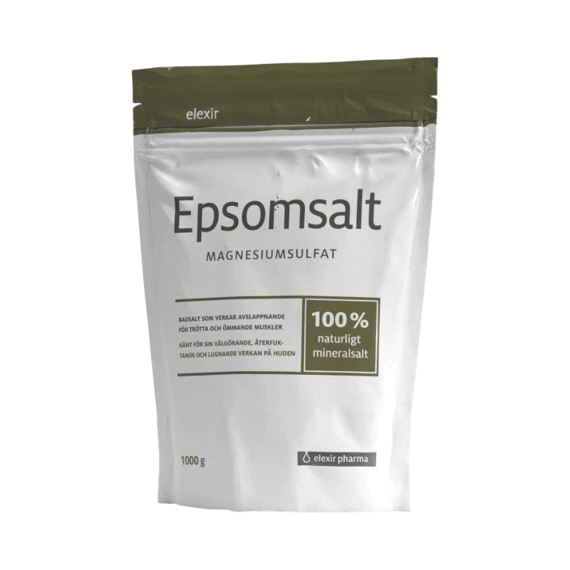 Elexir Pharma Epsomsalt 1000 g med magnesiumsulfat för avslappnande bad och trötta muskler.