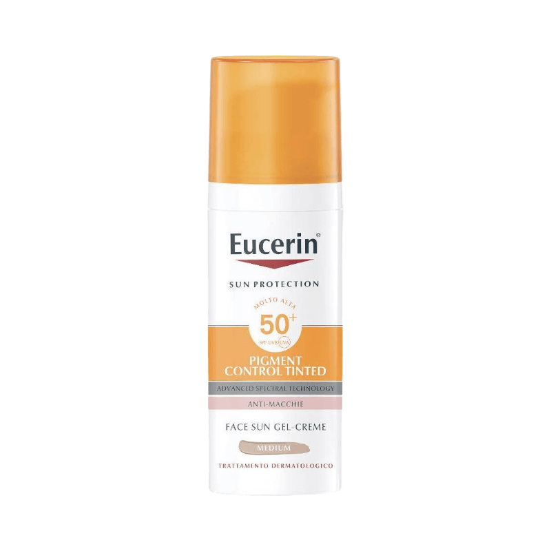 Eucerin pigmentkontrollerande tonad solkräm SPF 50+ med bredspektrat UV-skydd och jämnande effekt.