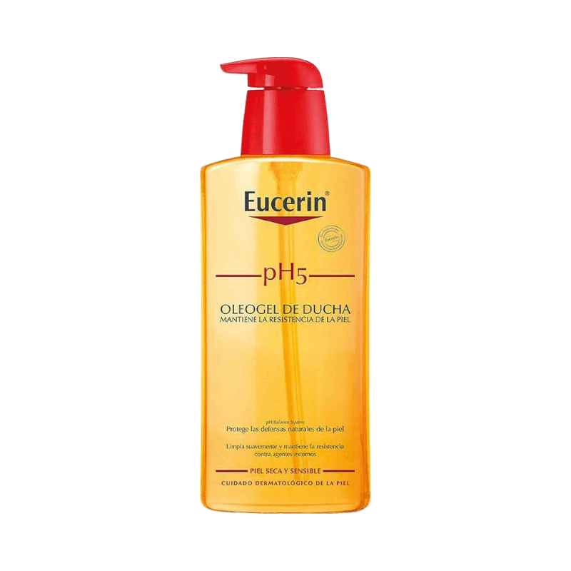 Eucerin pH5 duscholja för torr och känslig hud, återfuktar och stärker hudens skyddsbarriär.