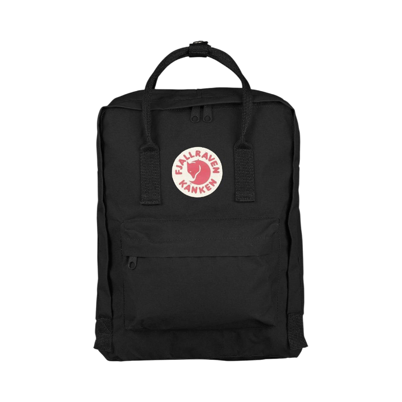 Fjällräven Kånken ryggsäck i svart med klassisk design och rund logotyp framtill