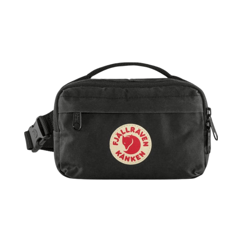 Svart Fjällräven Kånken midjeväska med rund logotyp och flera fack, perfekt för resor och promenader.