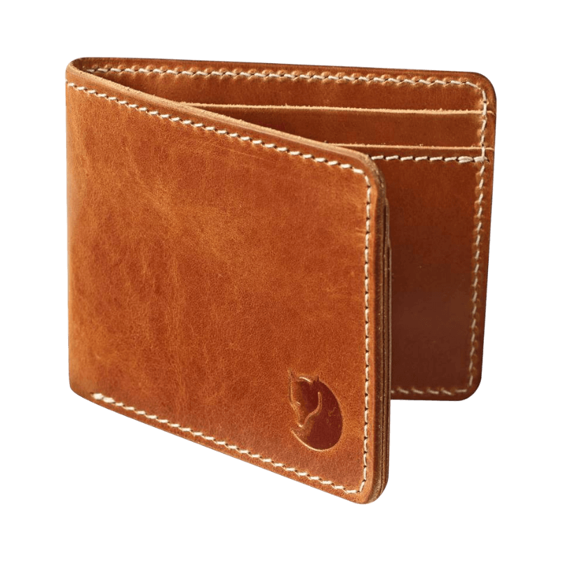 Cognacsfärgad Fjällräven Övik läderplånbok med klassisk vikbar design