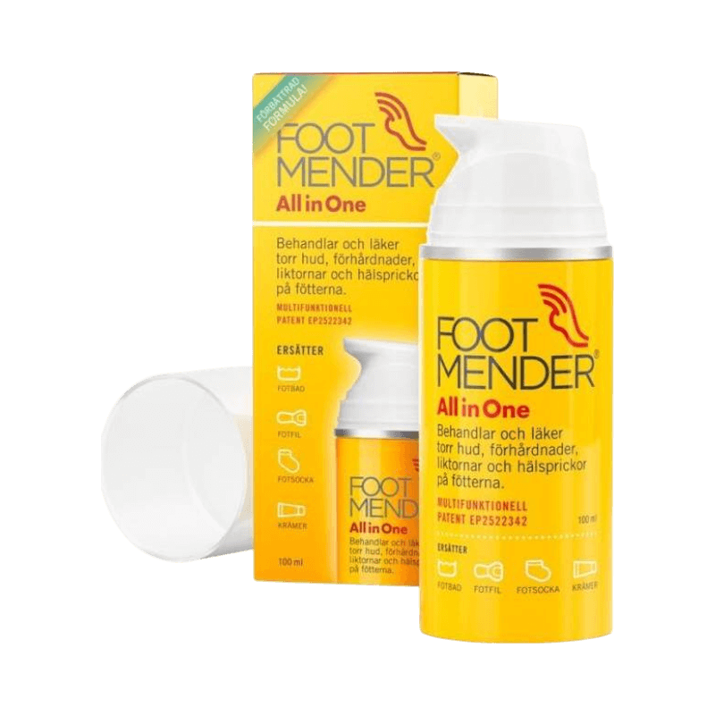FootMender All-in-One 100 ml fotkräm som behandlar torr hud, förhårdnader, liktornar och hälsprickor.
