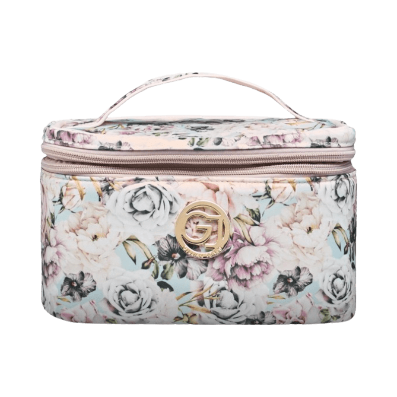 Stor blommig sminkväska från Gillian Jones med handtag och lyxig design.