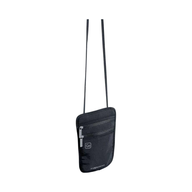 Svart Go RFID-passfodral med dragkedjefickor och nackrem, utformat för säker förvaring på resan.