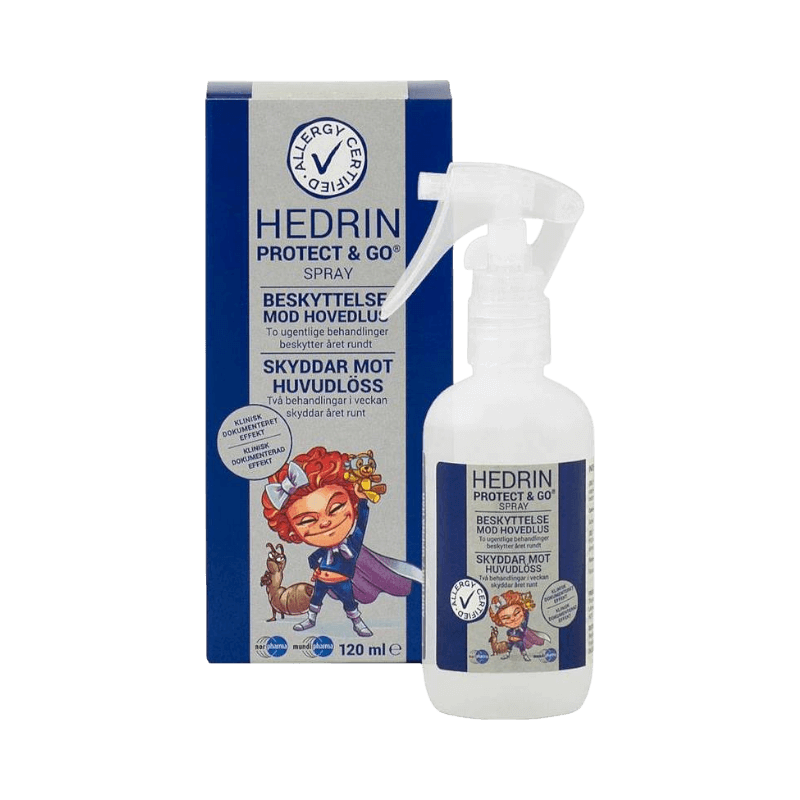 Hedrin Protect & Go spray 120ml som skyddar mot huvudlöss vid regelbunden användning.