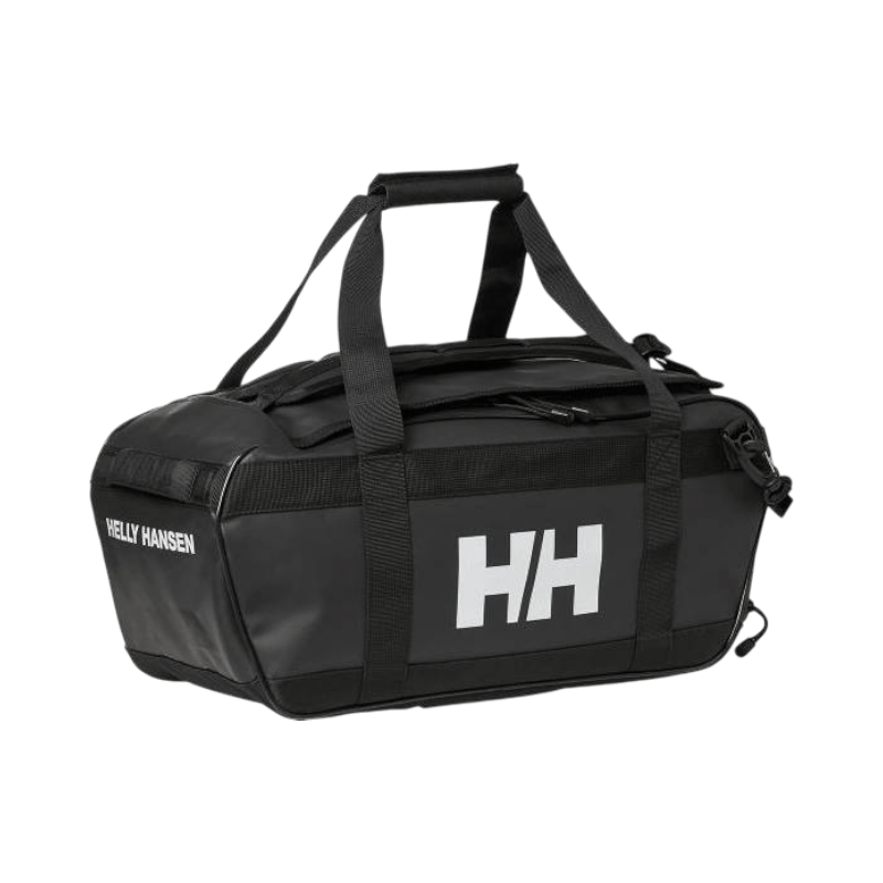 Svart Helly Hansen duffelväska med logotyp och dubbla bärhandtag.
